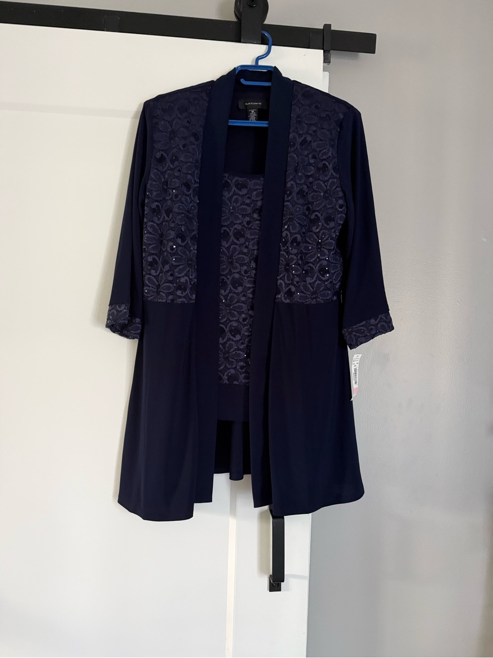 R&M Richards Navy Lace-Detail Open Front Pant Suit